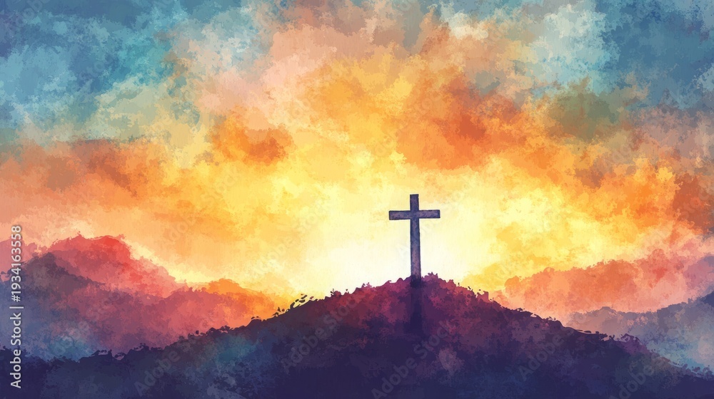 Fototapeta premium Spiritual sunrise behind a cross on a hill for Easter celebration background