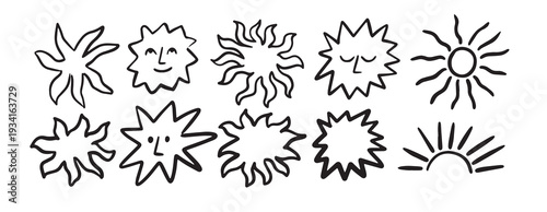 Doodle sun sketch illustration with face. Summer hand drawn sunshine elements