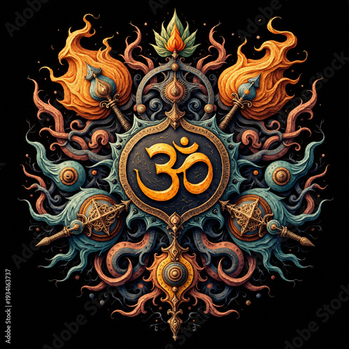 Mystical Golden Om Symbol with Tridents