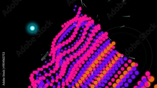 A vibrant, abstract 3D rendering of luminous, colorful dots forming a dynamic, swirling pattern against a dark background, captured from a close-up viewpoint
