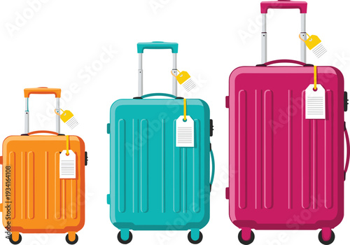 Colorful Travel Suitcase Set with Rolling Luggage, Baggage Tags, and Wheeled Trolley Bags Vector Illustration Collection