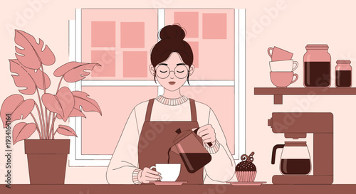 Cozy Coffee Shop Scene with Barista Woman Pouring Fresh Brew in Warm Aesthetic Interior Cartoon Vector Illustration