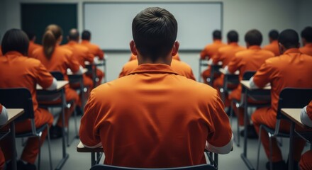 Prisoners in orange jumpsuits attend a class