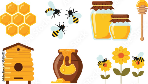 Honey and Beekeeping Collection with Beehive, Bees, Honeycomb, Jar, Dipper, and Flowers Cartoon Vector Illustration Set