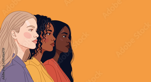 Diverse Women Profiles: Unity, Strength, and Forward Vision on Orange Background Illustration