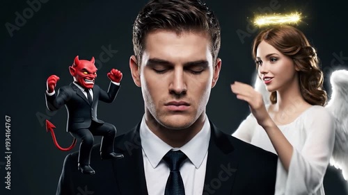 A man in a business suit with a conflicted expression, flanked by a devil and an angel, symbolizing the International Day of Conscience in a 4K video still with dramatic lighting.