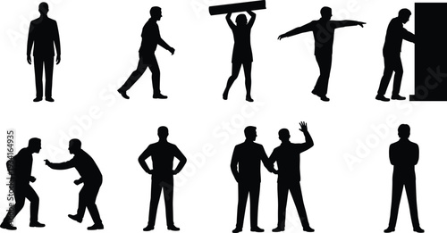Business people silhouettes in various action poses, standing walking arguing pushing wall carrying plank, black isolated vector illustration set