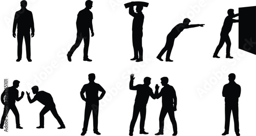Collection of business people silhouettes in different poses, standing walking arguing pushing pointing and carrying object, isolated black vector illustration set