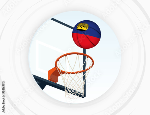 Liechtenstein Flag Themed Basketball in Motion, Scoring Moment in Basketball Game.