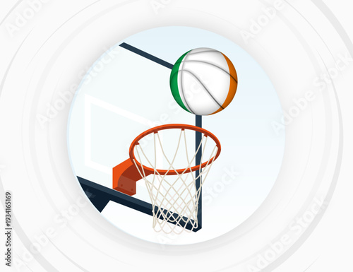 Ireland Flag Themed Basketball in Motion, Scoring Moment in Basketball Game.