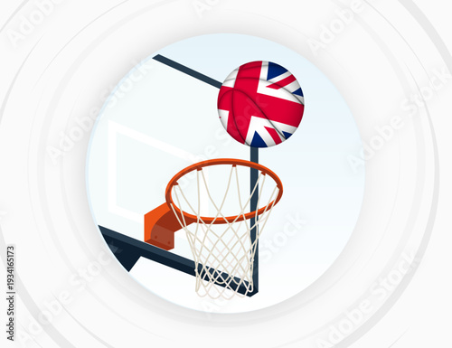 United Kingdom Flag Themed Basketball in Motion, Scoring Moment in Basketball Game.