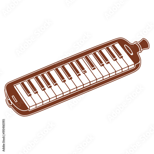 Illustration of a brown melodica instrument with keys on a plain white background for music lessons and creative projects