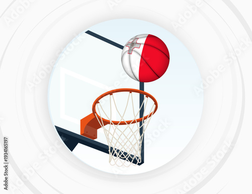 Malta Flag Themed Basketball in Motion, Scoring Moment in Basketball Game.