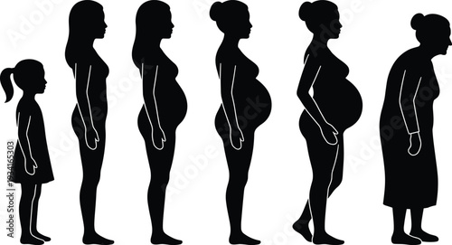 Black silhouette vector of female life cycle stages from childhood and pregnancy to old age isolated on white background,