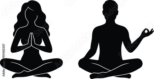 Black silhouette vector of a man and woman practicing yoga meditation in lotus pose isolated on white background for wellness,