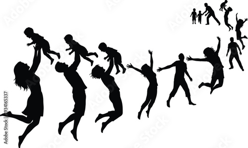 Black silhouettes of happy mothers holding hands and children playing jumping running and walking with baby strollers for family projects