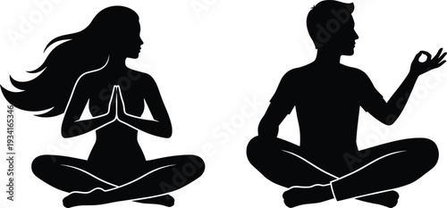 Black silhouette vector of a man and woman practicing yoga meditation in lotus pose isolated on white background for wellness