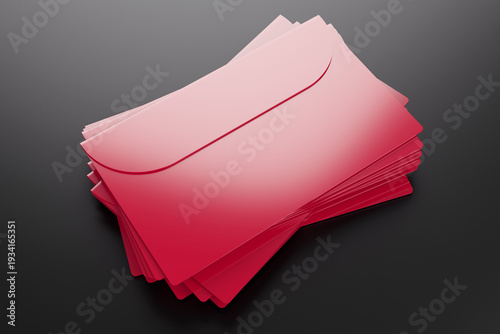 A stack of red envelopes with letters on a black background. 3D rendering illustration.
