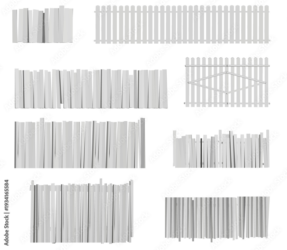 Obraz premium Modular wooden fence sections display various designs in a grid pattern. The planks range from light to dark tones with clear visible details against a white background.