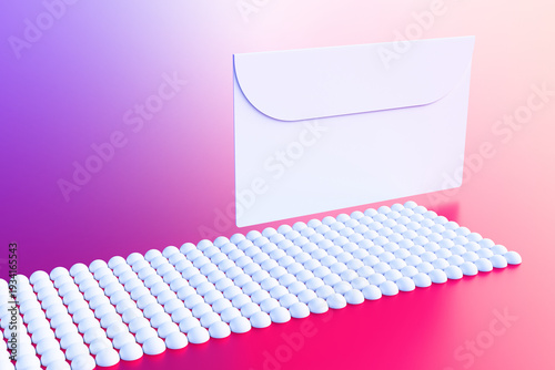 An envelope with a letter on an abstract background of lines and spheres. 3D rendering illustration.