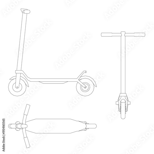 Modern electric scooter contour drawing in a black and white set. It features a sleek design, curved handlebar with textured grip, and large round wheels powered by an electric motor.