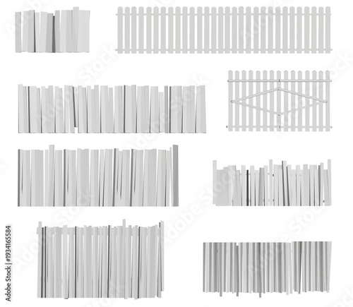 Modular wooden fence sections display various designs in a grid pattern. The planks range from light to dark tones with clear visible details against a white background.
