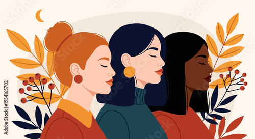 Diverse Women in Serene Autumnal Harmony: Unity, Sisterhood, and Nature's Embrace Illustration