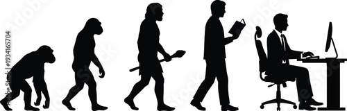 Vector silhouette of human evolution from ape to modern businessman working at computer desk, technology progress concept, isolated on white background