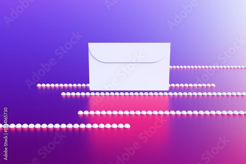 An envelope with a letter on an abstract background of lines and spheres. 3D rendering illustration.