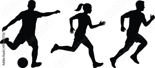 Black vector silhouettes of athletes in motion, including soccer player kicking ball and male and female runners sprinting, isolated on white background