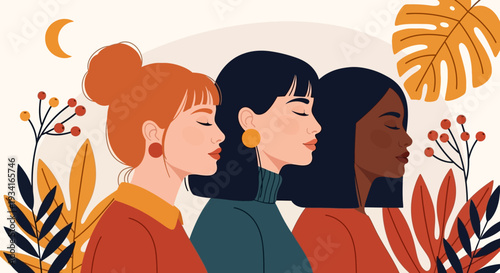 Diverse Women in Harmony with Nature: Serenity, Unity, and Global Sisterhood Illustration