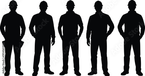 Construction worker silhouettes standing in front view with hard hats and uniforms, isolated black vector illustration set
