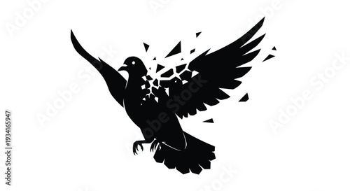 A black silhouette of a dove disintegrating into fragmented pieces
