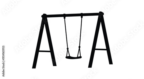 A simple black silhouette of a swing set against a white background
