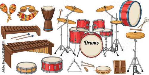Percussion Instrument Collection with Drum Set, Snare, Bass Drum, Cymbals, Maracas, Xylophone, and Tambourine Vector Illustration