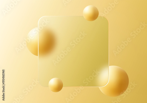 Glass morphism concept with 3D geometric shapes and a glass banner. Frosted glass effect.