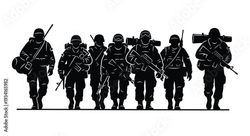 Silhouette of a military unit marching forward in formation