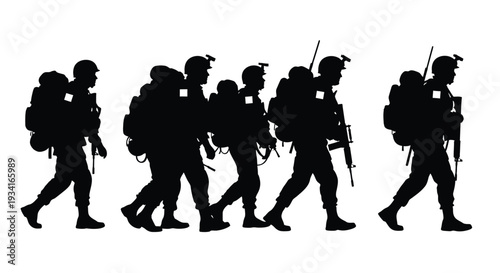 Silhouette of soldiers marching forward in a linear formation