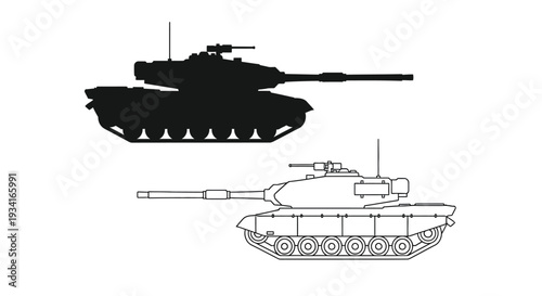 Black and white line drawing of a modern military tank from two perspectives
