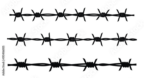Multiple strands of black barbed wire arranged in horizontal rows