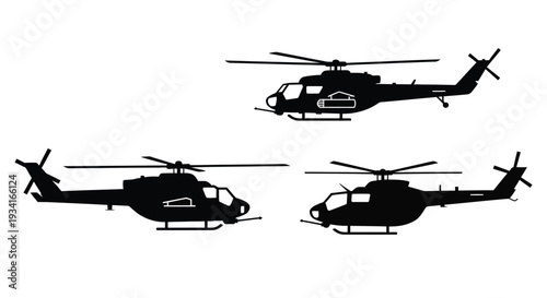 Silhouette depictions of military helicopters in various flight positions