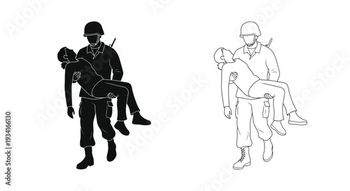 Soldier carrying injured comrade a black and white sketch illustration