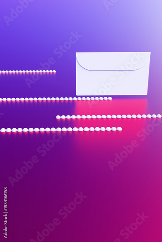 An envelope with a letter on an abstract background of lines and spheres. 3D rendering illustration.