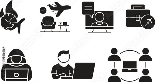 Business travel and remote work icon set – online meeting, freelancer and hacker security 