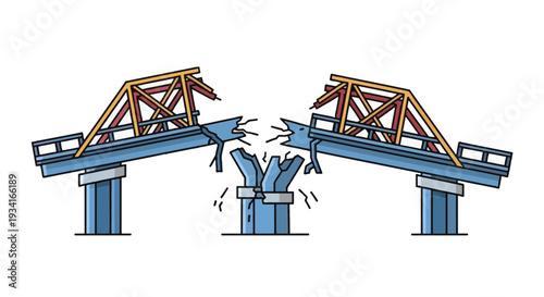 A broken bridge illustration depicts structural failure and collapse