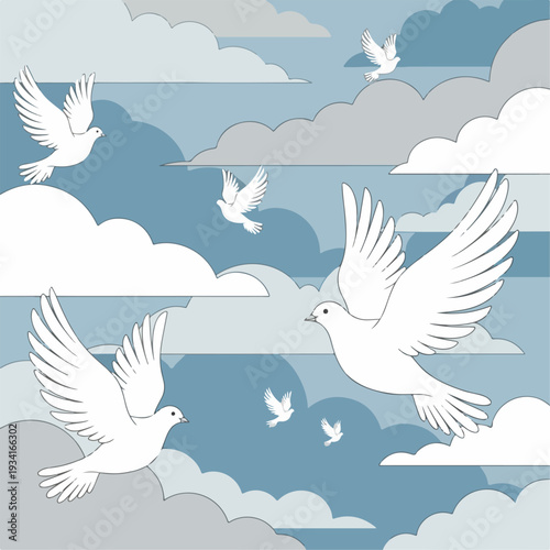 vector illustration of a dove flying in the sky with clouds