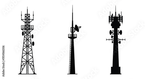 Three black silhouette illustrations of different communication towers against white