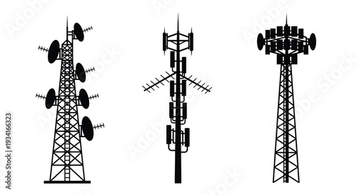 Three different cellular towers depicted in a black and white illustration