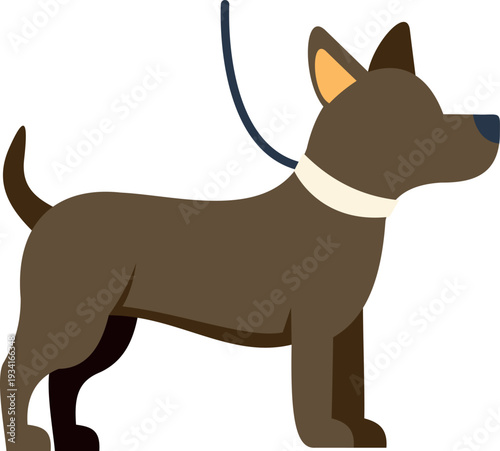 Minimalist vector illustration of a brown dog wearing a collar and leash standing alert