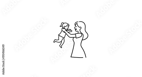 Simple line drawing of a mother holding her baby in the air.